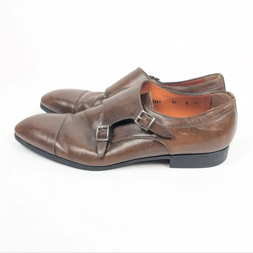 Santoni IRA Monk Strap Shoes 11 Brown Leather Double Buckle Mens Luxury Dress